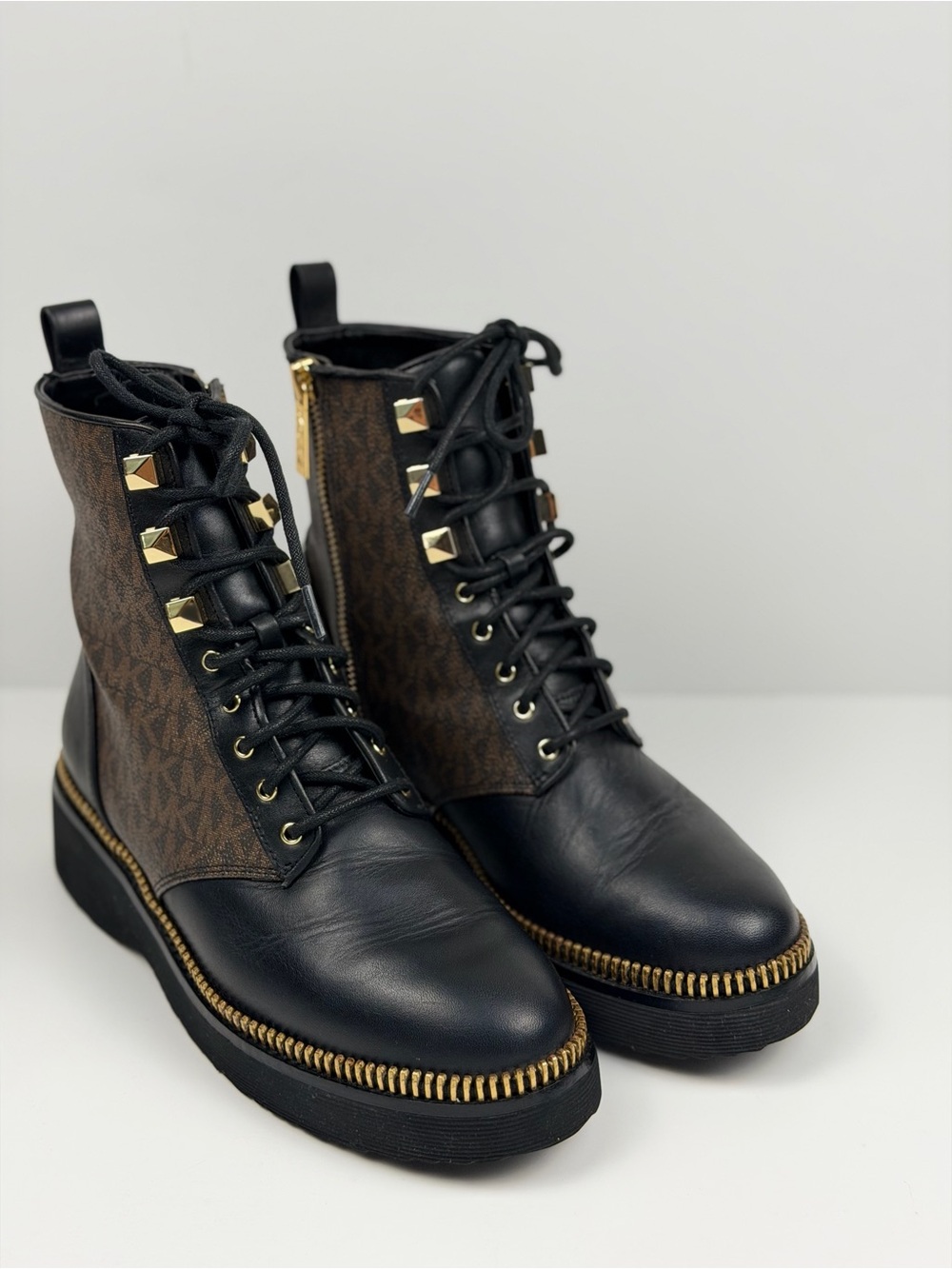 Leather Lace-Up Combat Boots in Black and Brown